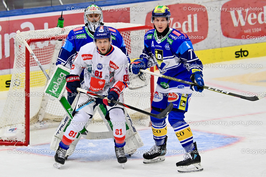 EC IDM Wärmepumpen VSV vs. HC Innsbruck  6.10.2024 | #1 LAMOUREUX Jean Philippe EC VSV, #81 Mackin Corey HC Innsbruck, #77 LINDNER Philipp EC VSV, EC IDM Wärmepumpen VSV vs. HC Innsbruck  6.10.2024, EC IDM Wärmepumpen VSV vs. HC Innsbruck  am 06.10.2024 in Villach (Stadthalle Villach), Austria, (Photo by Bernd Stefan)