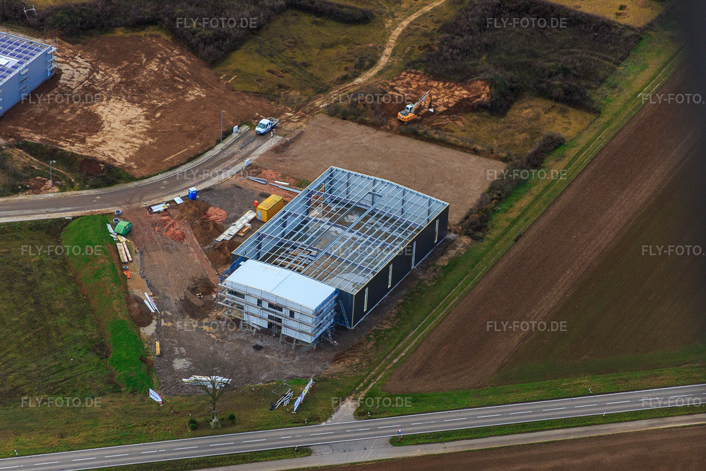 Luftbild: Archäologische Ausgrabungen/Sondierungen im Gewerbepark W in Herxheim bei Landau im Bundesland Rheinland-Pfalz in Deutschland. Foto: IMG_085654.jpg vom 08.01.2016 durch Werner Riehm/FLY-FOTO.de