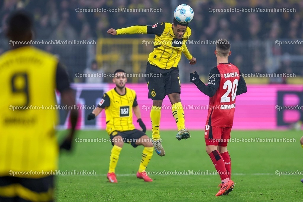 BVB10012501111 | 10.01.2025, Fußball, Borussia Dortmund - Bayer 04 Leverkusen, 1. Fußball Bundesliga, 16. Spieltag, Signal Iduna Park, Saison 2024 2025: Kopfball Julien Duranville (BVB #16) gegen Alejandro Grimaldo (Bayer04 Leverkusen #20)DFB regulations prohibit any use of photographs as image sequences and or quasi-video.