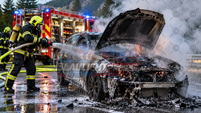 Fahrzeugbrand – Feuerwehr löscht brennenden Pkw | Symbolbild eines Fahrzeugbrandes: Feuerwehrkräfte löschen einen brennenden Pkw mit einem Löschstrahl. Das Fahrzeug wurde im Frontbereich durch das Feuer schwer beschädigt. Rauch, Löschwasser und die eingesetzten Feuerwehrkräfte verdeutlichen die Herausforderungen bei einem Brandeinsatz. Das Bild wurde bei einem Einsatz erstellt und danach mit Hilfe von KI optimiert. - Realisiert mit Pictrs.com