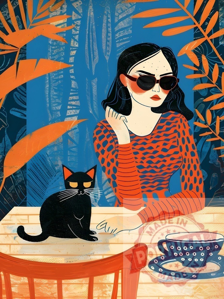 Woman with sunglasses sitting with her cat in a tropical bar, drinking tea | Illustration of a woman with sunglasses sitting with her cat in a tropical bar, drinking tea - Realized with Pictrs.com