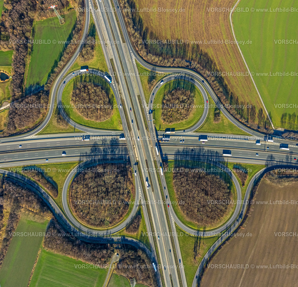 Luenen230203656 | Luftbild, Autobahnkreuz Dortmund-Nordost, Autobahn A2 und Bundesstraße B236, Derne, Dortmund, Ruhrgebiet, Nordrhein-Westfalen, Deutschland