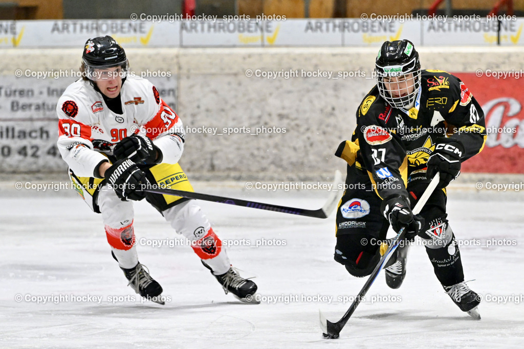 EC MET PHOTOVOLTAIK HORNETS SPITTAL vs. EV ZELTWEG MURTAL LIONS | #90 Bärnthaler Valentin EV ZELTWEG MURTAL LIONS, #87 Urbanek Martin EC Hornets Spittal, EC MET PHOTOVOLTAIK HORNETS SPITTAL vs. EV ZELTWEG MURTAL LIONS, EC MET PHOTOVOLTAIK HORNETS SPITTAL vs. EV ZELTWEG MURTAL LIONS am 08.02.2026 in Spittal an der Drau (Eissportzentrum Spittal), Austria, (Photo by Bernd Stefan)