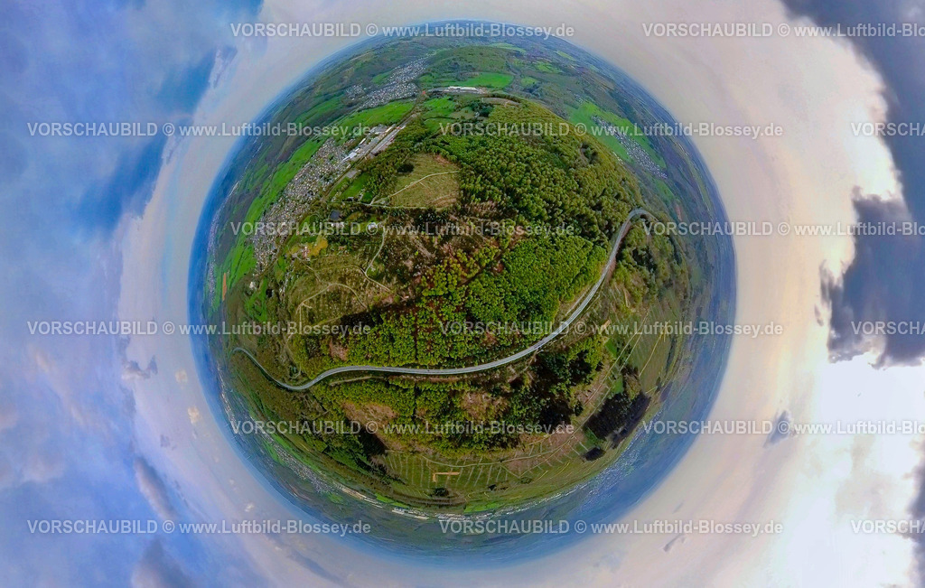 Burbach240590157GrosserStein | Luftbild, Waldgebiet und NSG Naturschutzgebiet Großer Stein mit Bundesstraße B54, Kuppe Basaltblockade, Erdkugel, Fisheye Aufnahme, Fischaugen Aufnahme, 360 Grad Aufnahme, tiny world, little planet, fisheye Bild, Holzhausen, Burbach, Nordrhein-Westfalen, Deutschland