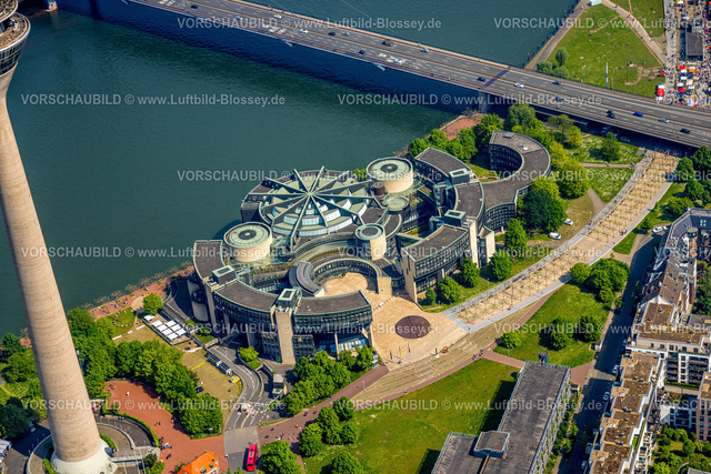 Duesseldorf240500873 | Luftbild, Gebäude NRW Landtag Nordrhein-Westfalen am Fluss Rhein und der Rheinkniebrücke, Hafen, Düsseldorf, Rheinland, Nordrhein-Westfalen, Deutschland