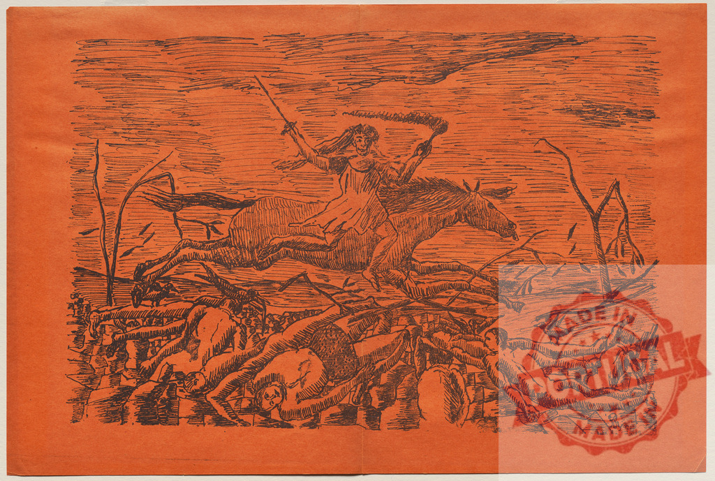 Warrior woman riding horse with sword and torch over fallen bodies. Henri Rousseau | Fierce female warrior on horseback leading a destructive charge over a battlefield with casualties - Realisiert mit Pictrs.com
