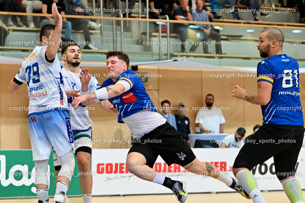 SC Ferlach vs. HC Linz AG 11.10.2023 | #39 HAMZIC Arnad HC LINZ, #17 PAVLOV Hari SC Ferlach, #81 MILICEVIC Adrian SC Ferlach, SC Ferlach vs. HC Linz AG 11.10.2023, SC Ferlach vs. HC Linz AG am 11.10.2023 in Ferlach (Ballspielhalle Ferlach), Austria, (Photo by Bernd Stefan)