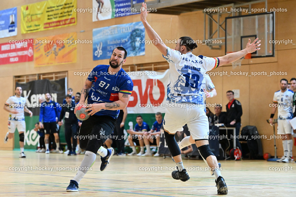 SC Ferlach vs. ALPLA HC Hard 2.3.2024 | #81 MILICEVIC Adrian SC Ferlach, #13 WÜSTNER Frederic HC Hard, SC Ferlach vs. ALPLA HC Hard 2.3.2024, SC Ferlach vs. ALPLA HC Hard am 02.03.2024 in Ferlach (Ballspielhalle Ferlach), Austria, (Photo by Bernd Stefan)