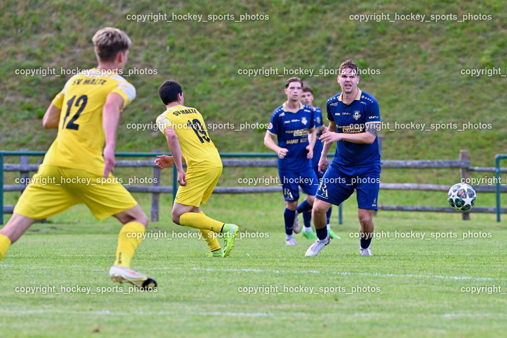 SV Malta vs. ATUS Velden | #12 Samuel Zettauer SV Malta, #19 Sandro Winkler SV Malta, #6 Florian Schaller ATUS Velden, #18 Nicolas Modritz ATUS Velden, SV Malta vs. ATUS Velden, SV Malta vs. ATUS Velden am 19.08.2025 in Malta (Sportplatz Malta), Austria, (Photo by Bernd Stefan)