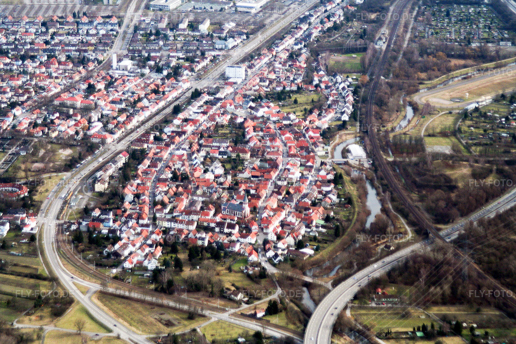 Luftbild: Ortsansicht von Westen im Ortsteil Knielingen in Karlsruhe im Bundesland Baden-Württemberg in Deutschland. Foto: IMG_1066.jpg vom 19.02.2006 durch Werner Riehm/FLY-FOTO.de
