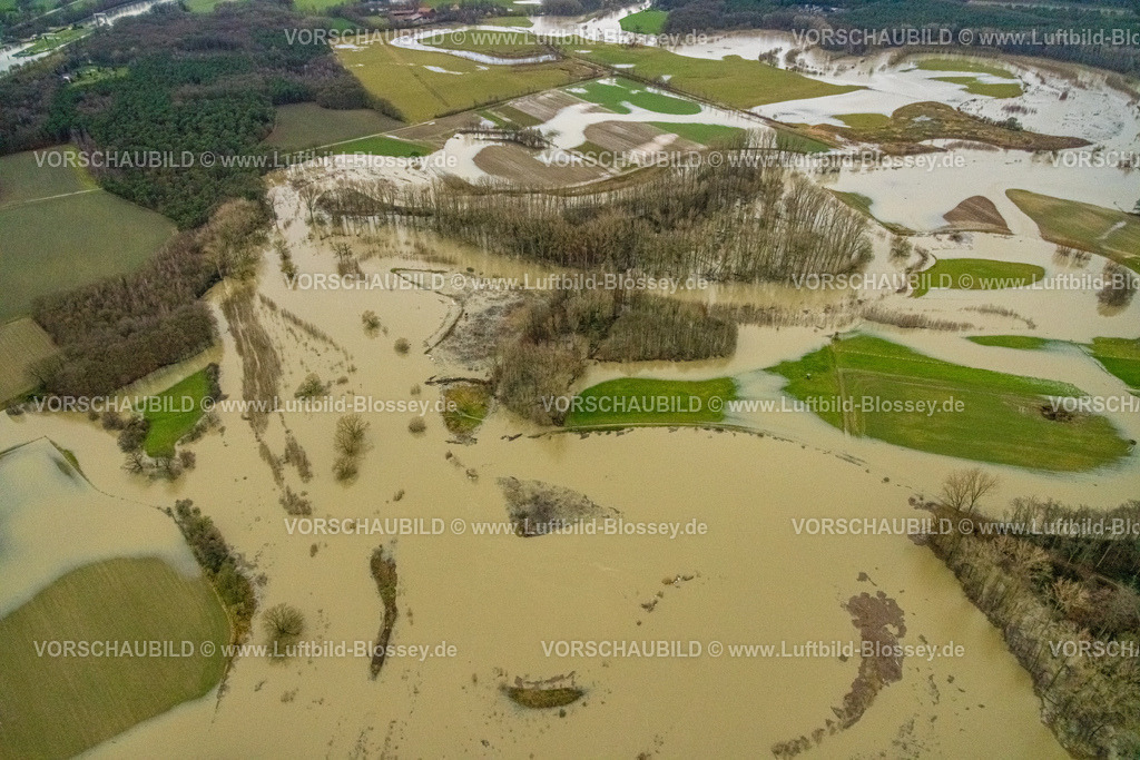 Datteln231204520Lippe | Luftbild vom Hochwasser der Lippe, Weihnachtshochwasser 2023, Fluss Lippe tritt nach starken Regenfällen über die Ufer, Flussmäander Überschwemmungsgebiet NSG Lippeaue Zum Krähenbusch, Bäume im Wasser, Stadtgrenze Olfen-Datteln, Hötting, Datteln, Ruhrgebiet, Nordrhein-Westfalen, Deutschland