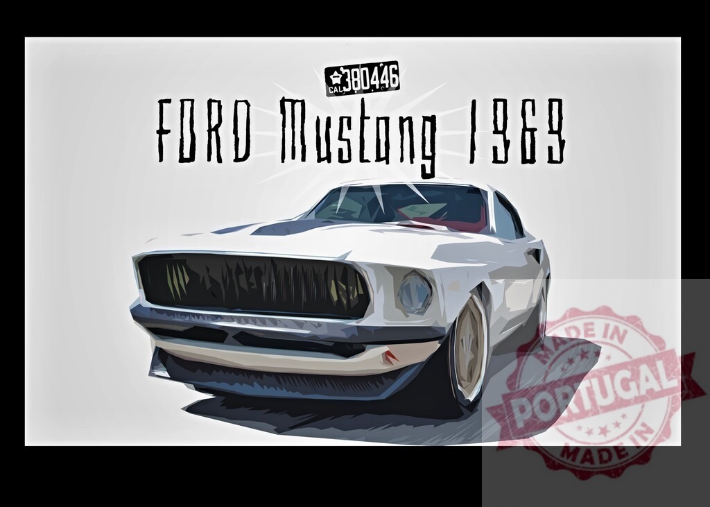 Ford Mustang 1969 muscle car classic illustration | White classic Ford Mustang 1969 muscle car illustration displaying power and style - Realisiert mit Pictrs.com