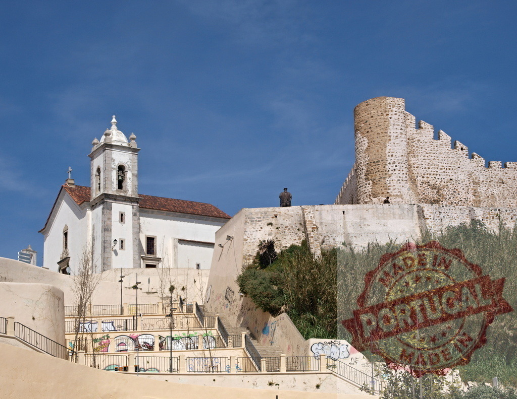Sesimbra castle and church overlooking urban stairs with graffiti | Sesimbra castle and Santiago church standing above urban stairs with colorful graffiti - Realized with Pictrs.com