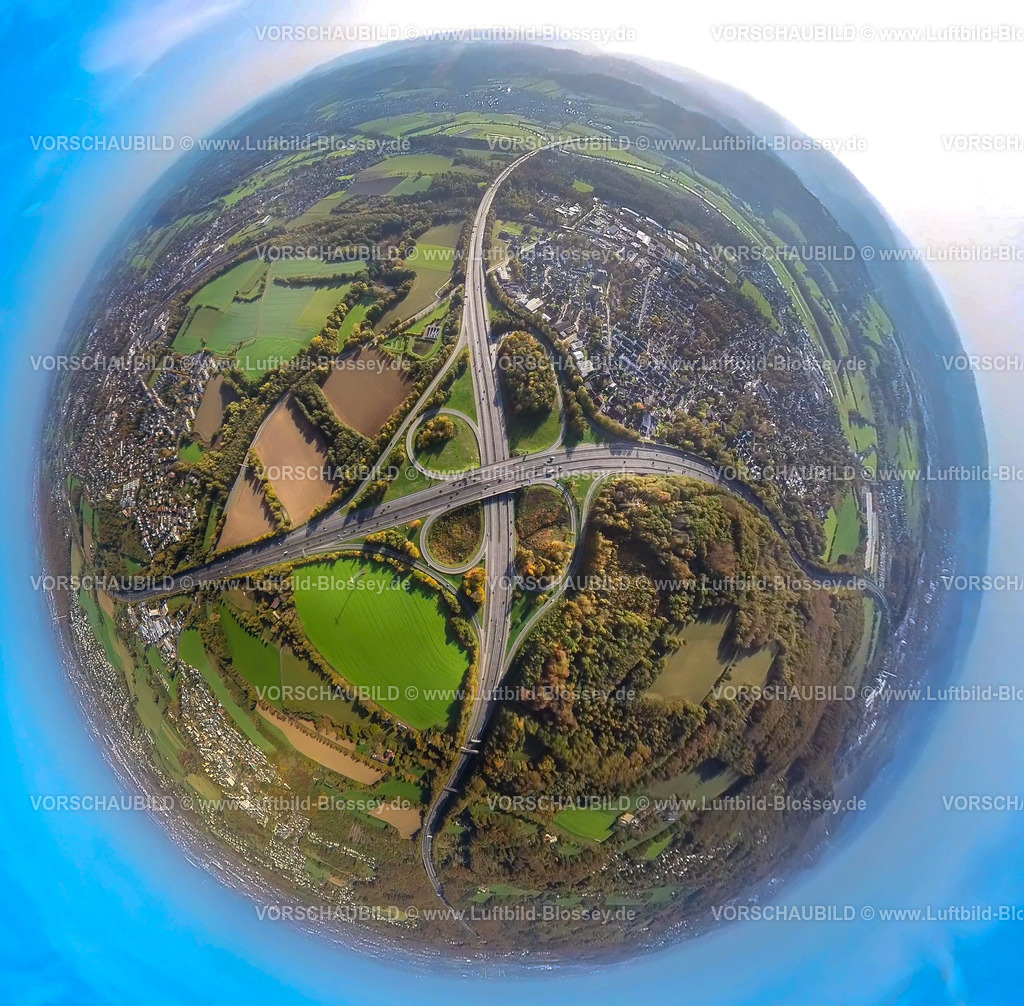 Dortmund221020005WesthofenerKreuz | Luftbild, Autobahnkreuz Westhofen, Westhofener Kreuz, Autobahn A45 und Autobahn A1, Herbstfarben, Fisheye Aufnahme, Fischaugen Aufnahme, 360 Grad Aufnahme, Westhofen, Schwerte, Ruhrgebiet, Nordrhein-Westfalen, Deutschland