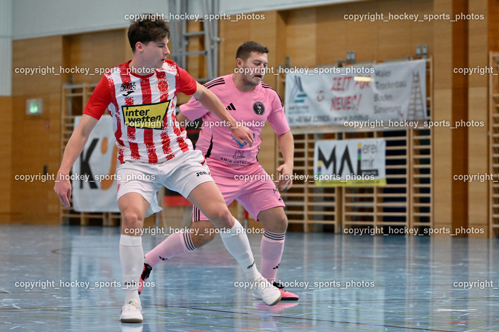 Carinthia Flamengo Futsal Club vs. Stella Rossa | #17 Arthur Vozenilek Stella Rossa, #31 Markus Pavic Carinthia Flamengo, Carinthia Flamengo Futsal Club vs. Stella Rossa, Carinthia Flamengo Futsal Club vs. Stella Rossa am 20.10.2024 in Klagenfurt (Ballspielhalle Viktring), Austria, (Photo by Bernd Stefan)
