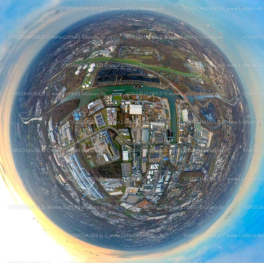 Essen2301fish0001Hafen | Luftbild, Stadthafen Essen, Rhein-Herne-Kanal, Fisheye Aufnahme, Fischaugen Aufnahme, 360 Grad Aufnahme, Bergeborbeck, Essen, Ruhrgebiet, Nordrhein-Westfalen, Deutschland