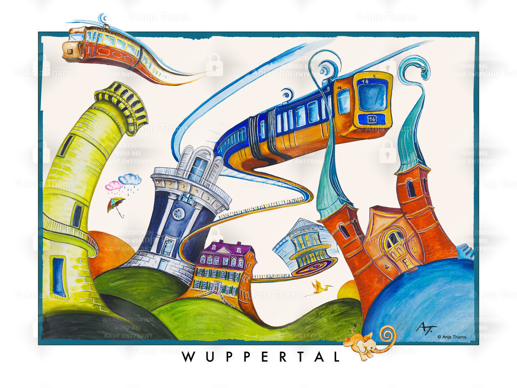 Swinging Wuppertal | Auf diesem Stadtposter im bunten Swing-Design sind neben der weltbekannten Schwebebahn und dem Kaiserwagen auch der Toelleturm in den Barmer Anlagen, das Opernhaus, die Kirche von St. Laurentius in Elberfeld, der Elisenturm auf der Hardt, das Engelshaus zu sehen. Auch Tuffi und natürlich ein Graureiher, dürfen ebenso nicht fehlen wie ein bunter Regenschirm, der in Wuppertal ja wirklich Sprichwörtlich ist. - Realisiert mit Pictrs.com