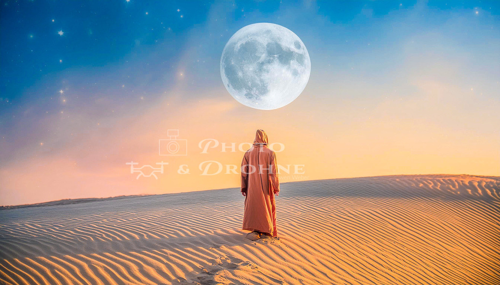 beduine bei vollmond-Verbessert-SR | Beduine in der Sahara schaut auf einen übergroßen Vollmond am Abendhimmel. - Realisiert mit Pictrs.com