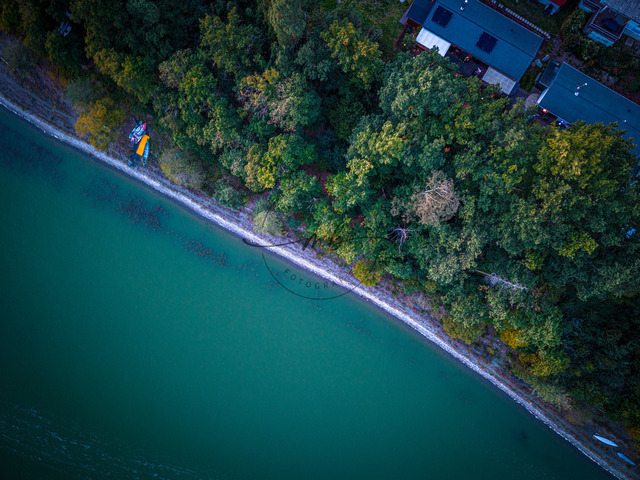 Wald an einer Küstenlinie mit einem gelben Schlauchboot am Ufer aus der Luft | Wald an einer Küstenlinie mit einem gelben Schlauchboot am Ufer aus der Luft, Zeulenrodaer Meer, Zeulenroda, Thüringen, Deutschland - Realisiert mit Pictrs.com
