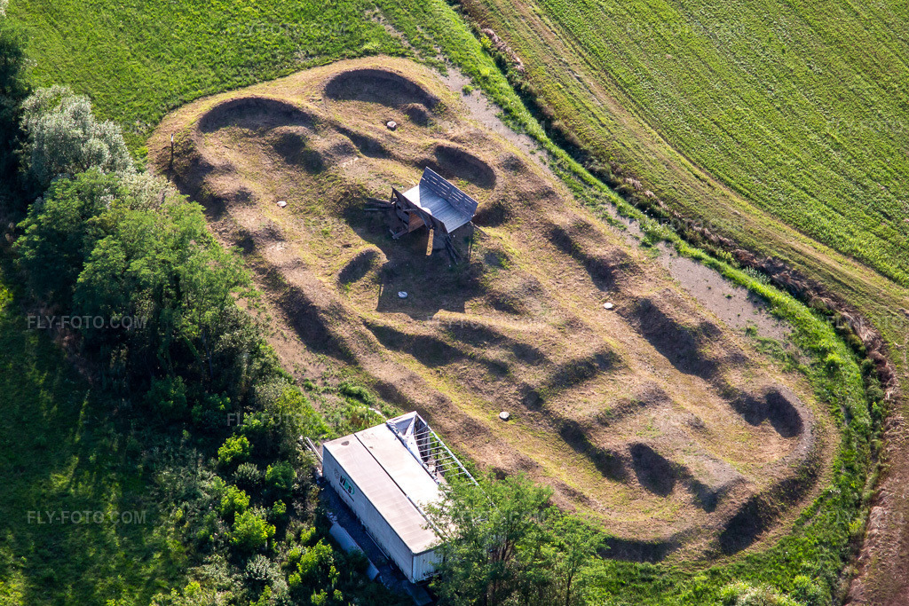 Aerial view: BMX track in the district Ozeljan in Nova Gorica in the state Slovenia, Slovenia.Photo: IMG_137450.jpg taken on 07/14/2023 by Werner Riehm/FLY-FOTO.comResolution of the original: 3507 x 2338 px