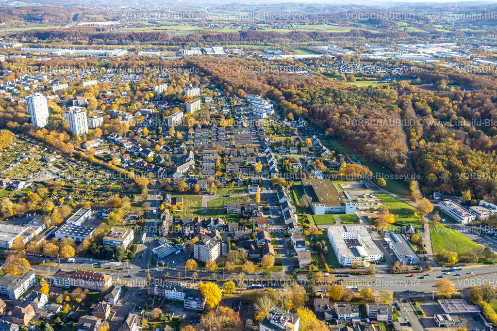 Hagen251103515 | Luftbild, Wohngebiet Reihenhaus Wohnsiedlung an der Buschstraße und Wiesenfläche, Pappelstraße mit Hochhäusern, Amtsgericht und Sanitätshaus Riepe GmbH mit Erweiterung an der Knippschildstraße, herbstliche Bäume, Boele, Hagen, Ruhrgebiet, Nordrhein-Westfalen, Deutschland