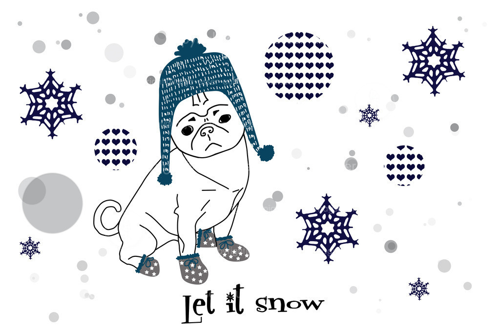 Let it snow | Außenlinien zeigen einen Mops mit gestrickten Handschuhen und Wollmütze. Stilisierte Schneeflocken um ihn herum. Englischer Text: let it snow.