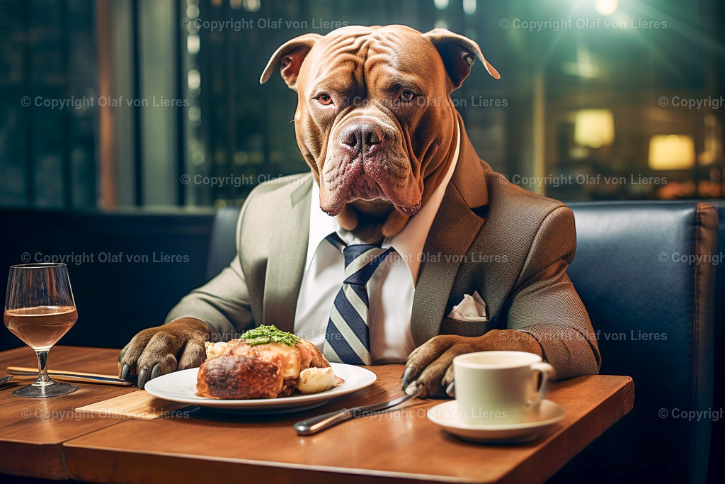 Hund mit Anzug am Esstisch | vornehmer Hund im Restaurant