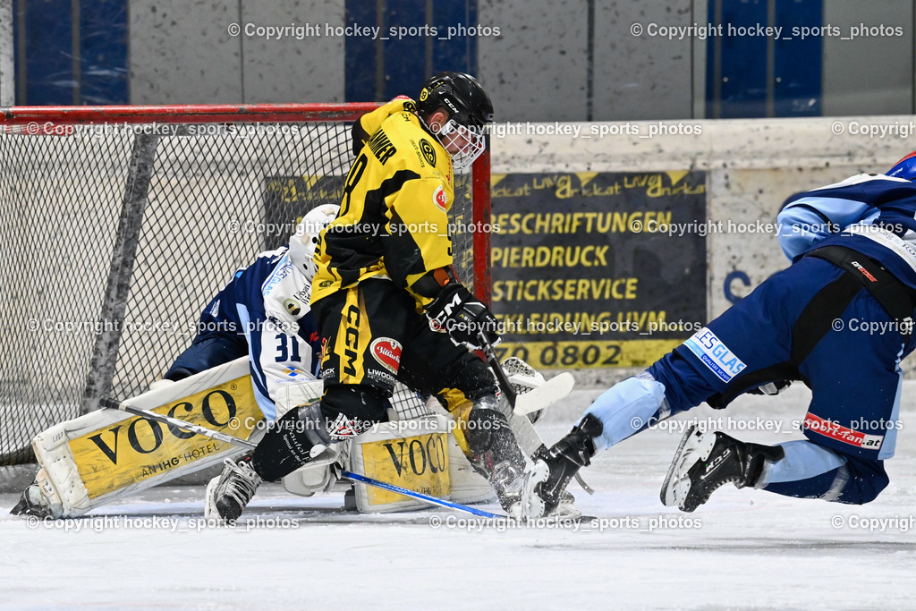 EC Hornets Spittal vs. ESC Steindorf 23.2.2024 | #31 Steiner Paul ESC Steindorf, #98 Thalhammer Dominic EC Hornets Spittal, EC Hornets Spittal vs. ESC Steindorf 23.2.2024, EC Hornets Spittal vs. ESC Steindorf 23.2.2024 am 23.02.2024 in Spittal an der Drau (Eissportzentrum Spittal), Austria, (Photo by Bernd Stefan)