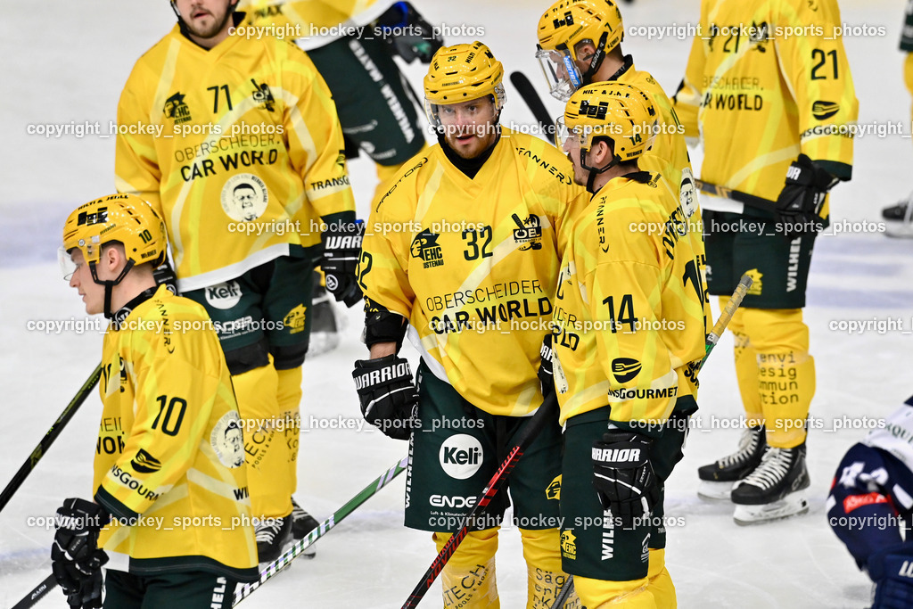 ATSE Graz vs. EHC Lustenau | #32 Stefan Daniel EHC Lustenau, #10 Kutzer Jonas EHC Lustenau, #14 Oberscheider Dominik EHC Lustenau, ATSE Graz vs. EHC Lustenau, ATSE Graz vs. EHC Lustenau am 14.02.2026 in Graz (Merkur Eishalle ), Austria, (Photo by Bernd Stefan)