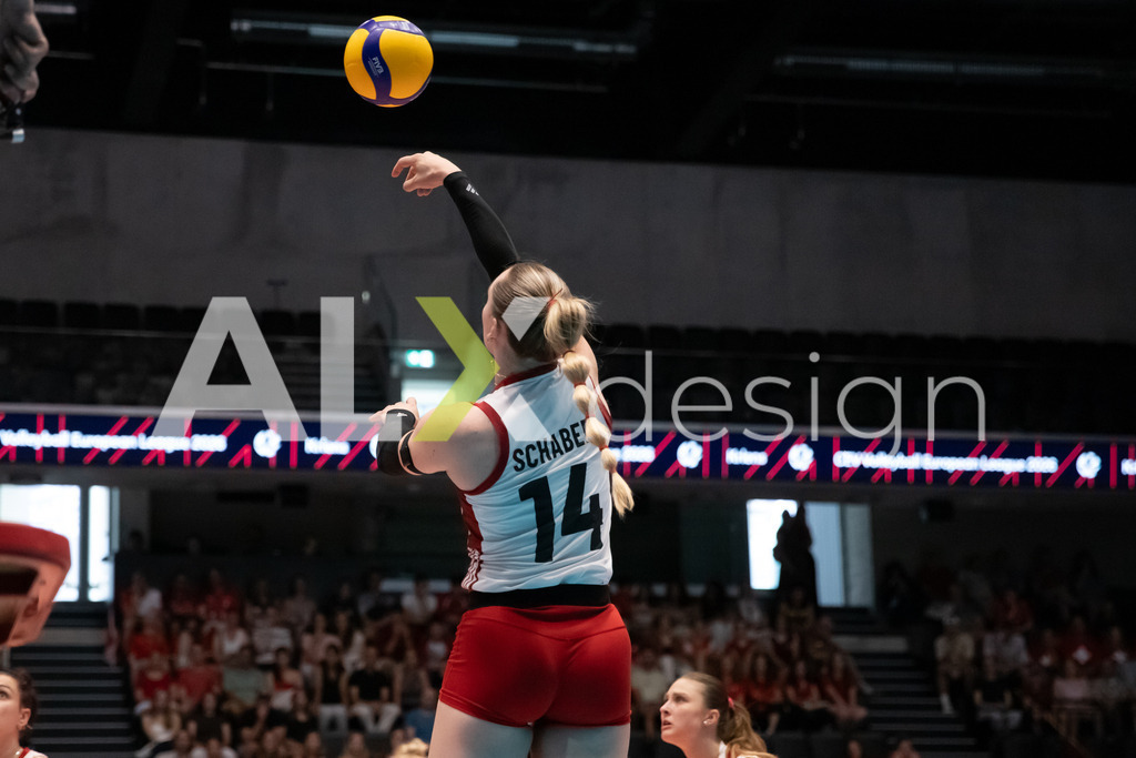 Austria v Switzerland - CEV European League Women | KRIENS, SWITZERLAND - JUNE 14: KORA MARINA SCHABERL of Austria attack / spike during the CEV European League match between Austria and Switzerland at Pilatus Arena on June 14, 2026 in Kriens, Switzerland. - Realisiert mit Pictrs.com