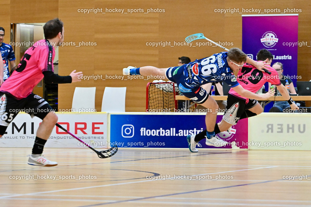 VSV Unihockey vs. Wiener Floorballferein 6.4.2024 | #66 Jakob Rainer VSV Unihockey, #79 Christopher Langer Wiener Floorballverein, VSV Unihockey vs. Wiener Floorballferein 6.4.2024, VSV Unihockey vs. Wiener Floorballferein  am 06.04.2024 in Villach (Ballspielhalle St. Martin), Austria, (Photo by Bernd Stefan)