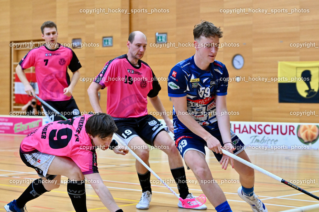 VSV Unihockey vs. Wiener Floorball Verein | #79 LANGER Christopher Wiener Floorballverein, #19 ZRZAVÝ Lukas Wiener Floorballverein, #59 Nino Forelli VSV Unihockey, VSV Unihockey vs. Wiener Floorball Verein, VSV Unihockey vs. Wiener Floorball Verein am 18.05.2025 in Villach (Ballspielhalle St. Martin), Austria, (Photo by Bernd Stefan)