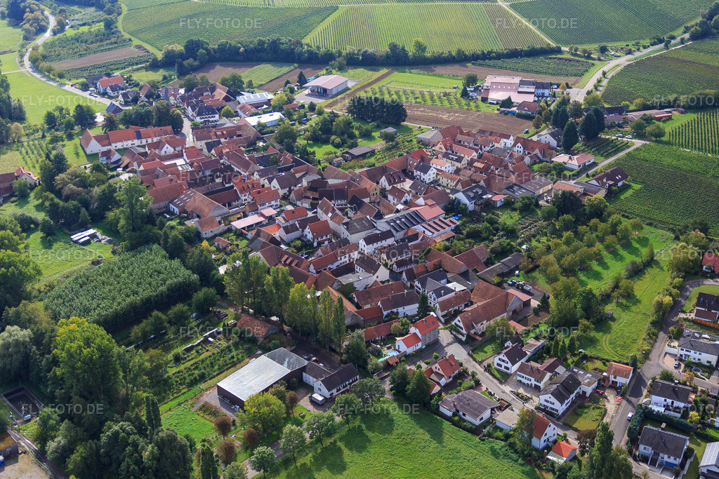 Luftbild: Ortsansicht von Nordosten im Ortsteil Klingen in Heuchelheim-Klingen im Bundesland Rheinland-Pfalz in Deutschland. Foto: IMG_072642.jpg vom 19.09.2014 durch Werner Riehm/FLY-FOTO.deAuflösung des Originals: 5472 x 3648 px