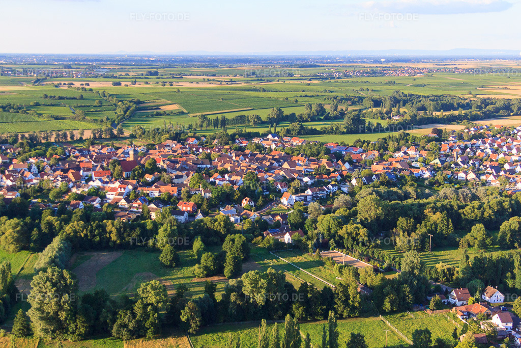 Luftbild: Ortsansicht von Süden im Ortsteil Billigheim in Billigheim-Ingenheim im Bundesland Rheinland-Pfalz in Deutschland. Foto: IMG_51121.jpg vom 22.07.2012 durch Werner Riehm/FLY-FOTO.deAuflösung des Originals: 4752 x 3168 px