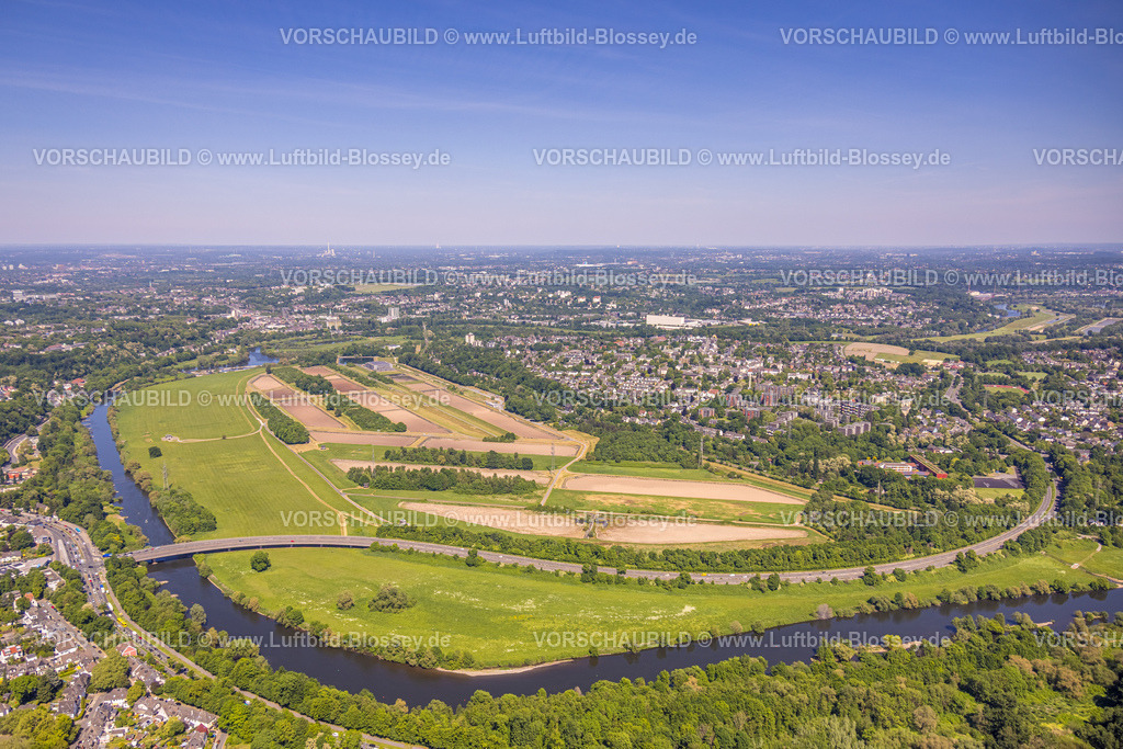 Essen250508138 | Luftbild, Wasserwerk Wassergewinnung Essen GmbH am Fluss Ruhr, Konrad-Adenauer-Brücke, Überruh-Hinsel, Essen, Ruhrgebiet, Nordrhein-Westfalen, Deutschland