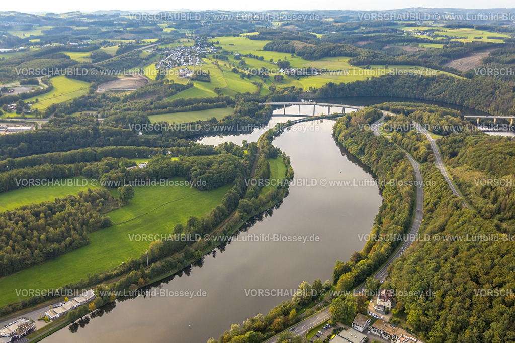 Olpe230913227 | Luftbild, BiggeTalsperre Biggesee, Brücke der Bundesstraße B54, Rhode, Olpe, Sauerland, Nordrhein-Westfalen, Deutschland