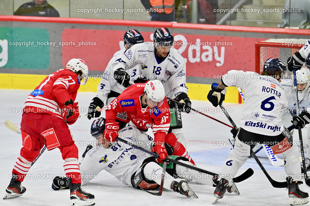 EC KAC Future Team vs. Die Adler Kitzbühl 7.10.2023 | #20 Pilloni Yannic EC KAC FUTURE TEAM, #81 Schröder Wilhelm EC Kitzbühel, #6 Rotter Rafael EC Kitzbühel, #18 Kuronen Jimi EC Kitzbühel, #86 Burgar Nejc, EC KAC Future Team vs. Die Adler Kitzbühl 7.10.2023, EC KAC Future Team vs. Die Adler Kitzbühl am 07.10.2023 in Klagenfurt (Messehalle Klagenfurt), Austria, (Photo by Bernd Stefan)