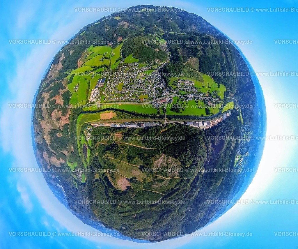 Finnentrop230990284Roenkhausen | Luftbild, Ortsansicht Ortsteil Rönkhausen, Bundesstraße B236 und Fluss Lenne, Wohnen und Leben, Erdkugel, Fisheye Aufnahme, Fischaugen Aufnahme, 360 Grad Aufnahme, tiny world, Rönkhausen, Finnentrop, Sauerland, Nordrhein-Westfalen, Deutschland