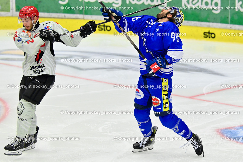 EC IDM Wärmepumpen VSV vs. HDD Jesenice | #22 SVETINA, Erik HDD Jesenice, #96 HOLWAY Patrick EC VSV, EC IDM Wärmepumpen VSV vs. HDD Jesenice, EC IDM Wärmepumpen VSV vs. HDD Jesenice am 08.09.2024 in Villach (Stadthalle Villach), Austria, (Photo by Bernd Stefan)