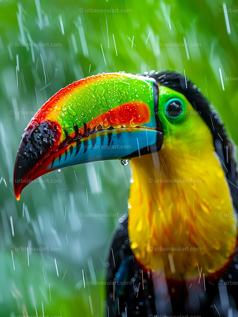 Colorful toucan in the rain | This vibrant portrait of a colorful toucan in the rain captures nature’s beauty and resilience. Perfect for bird lovers and nature enthusiasts, it adds a tropical and lively touch to any room. - Realisiert mit Pictrs.com
