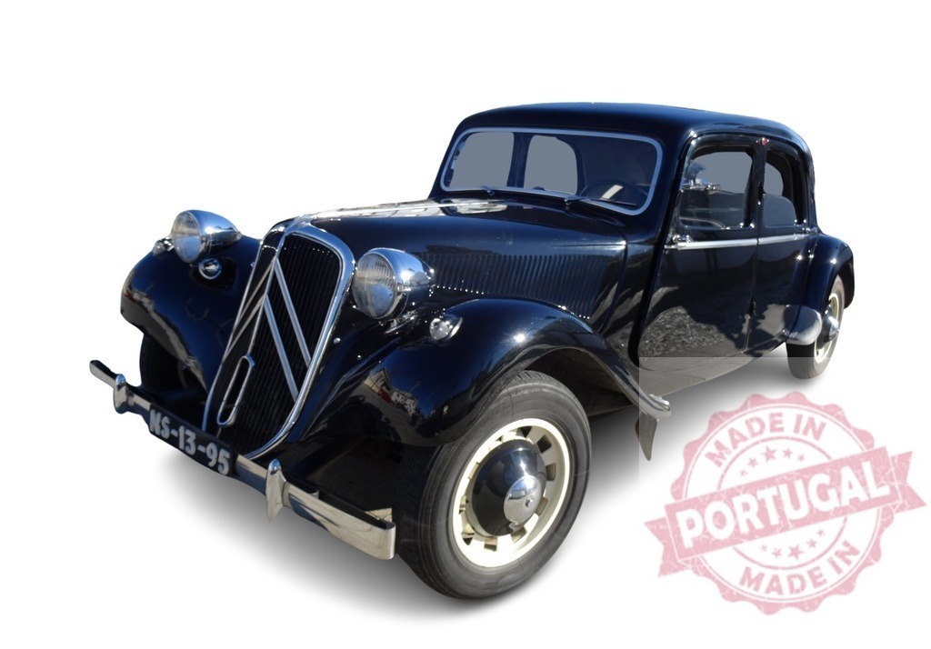 Vintage Citroën car displayed against a white backdrop | Classic Black Citroën Traction Avant on White Background - Realized with Pictrs.com