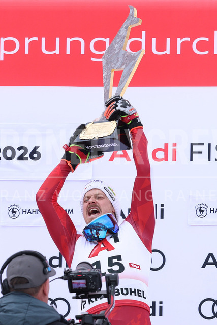 Audi FIS Ski World Cup: Men’s Slalom – Hahnenkamm Race, Kitzbuehel | Kitzbuehel, Austria, 25.Jan.26 - Alpine Skiing - FIS World Cup, Hahnenkamm Race, Slalom, men. The image shows FELLER Manuel (AUT, Atomic) first place with gams.