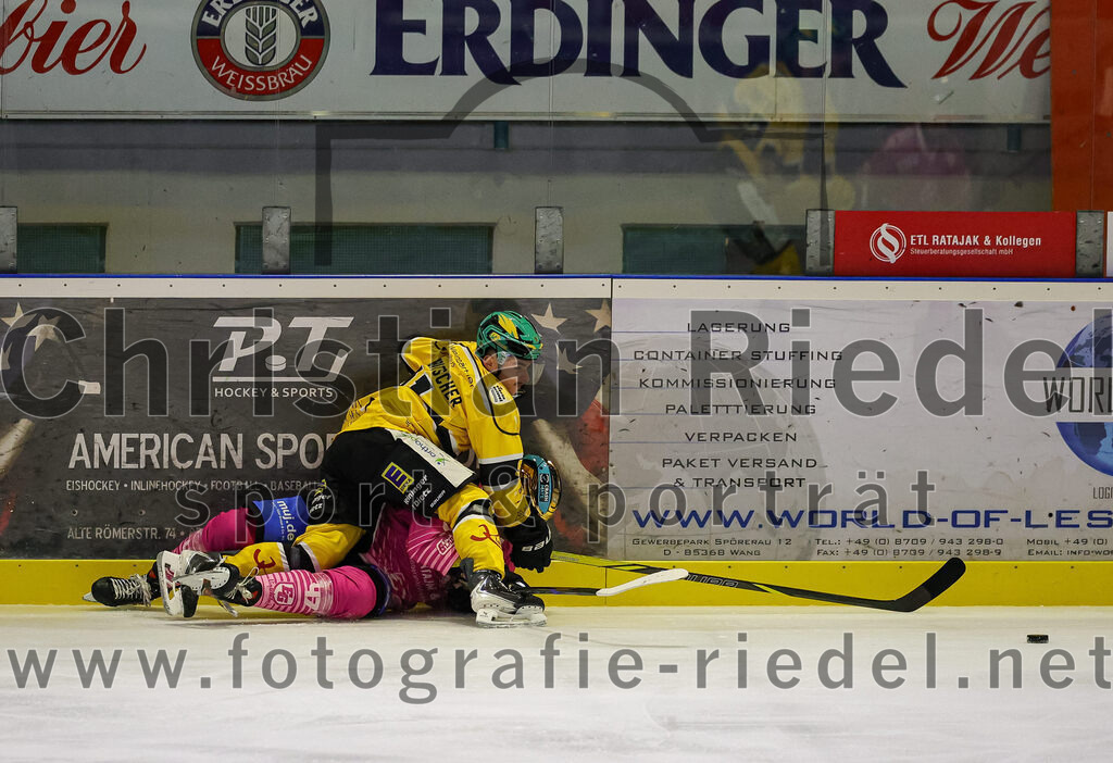 2025-10-28_109_TSV_Erding_gegen_Toelzer_Loewen | Erding, Deutschland, 28.10.2025:Eishockey, Oberliga Süd 2025 / 2026, 13. Spieltag, TSV Erding gegen Tölzer Löwen, Endergebnis: 2:5Alex Groß-Rubatscher (Tölzer Löwen, #91), Marco Pfleger (Erding Gladiators, #47)Foto: Christian Riedel / fotografie-riedel.net