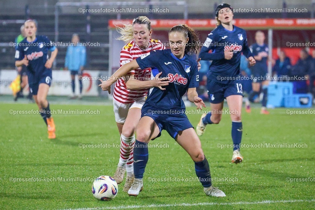 xSSCx09112501038 | 09.11.2025, xsscx, Frauen Fussball, 1. FC Koeln - TSG 1899 Hoffenheim, 1. Fuﬂball Bundesliga, 10. Spieltag, Franz-Kremer-Stadion, Saison 2025 2026: Sandra Jessen (1. FC Koeln #06) im Zweikampf gegen Jamilla Rankin (TSG Hoffenheim #5) DFB regulations prohibit any use of photographs as image sequences and or quasi-video.