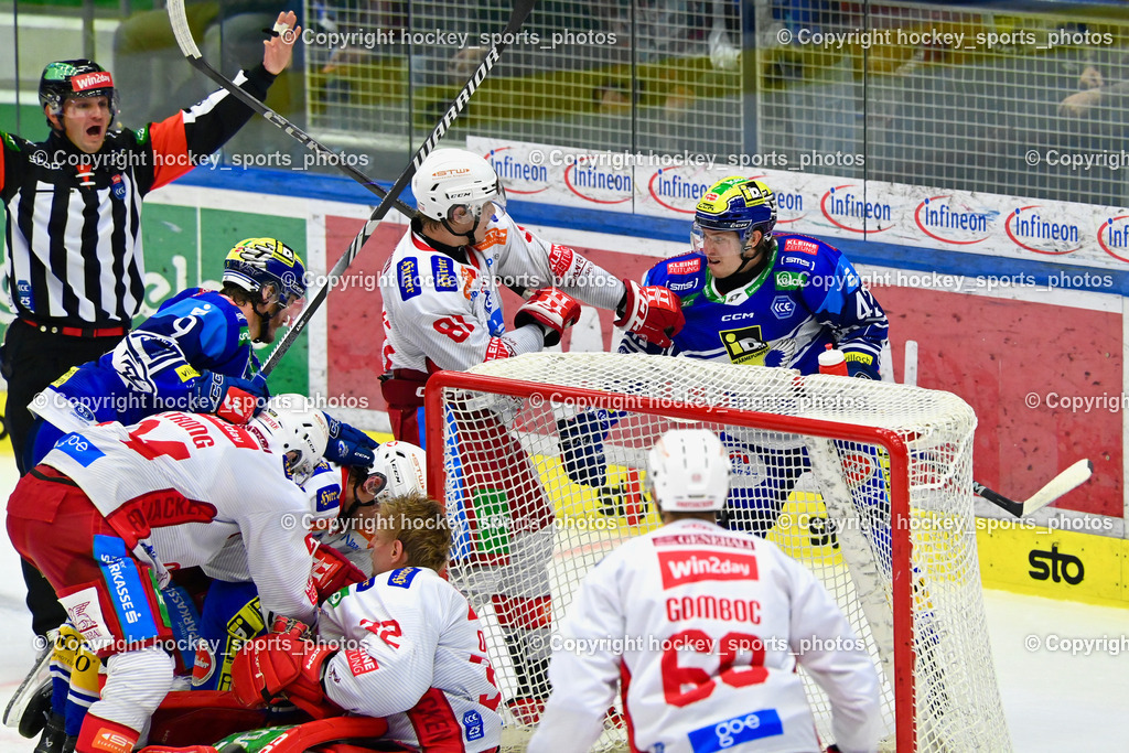 EC IDM Wärmepumpen VSV vs. EC KAC  | ZRNIC MILAN Referee, Faustkampf, #81 van Ee Finn EC KAC, #42 LANZINGER Benjamin EC VSV, #9 RAUCHENWALD Alexander EC VSV, #24 Strong Steven EC KAC, #32 Dahm Sebastian EC KAC, EC IDM Wärmepumpen VSV vs. EC KAC , EC IDM Wärmepumpen VSV vs. EC KAC  am 27.10.2024 in Villach (Stadthalle Villach), Austria, (Photo by Bernd Stefan)