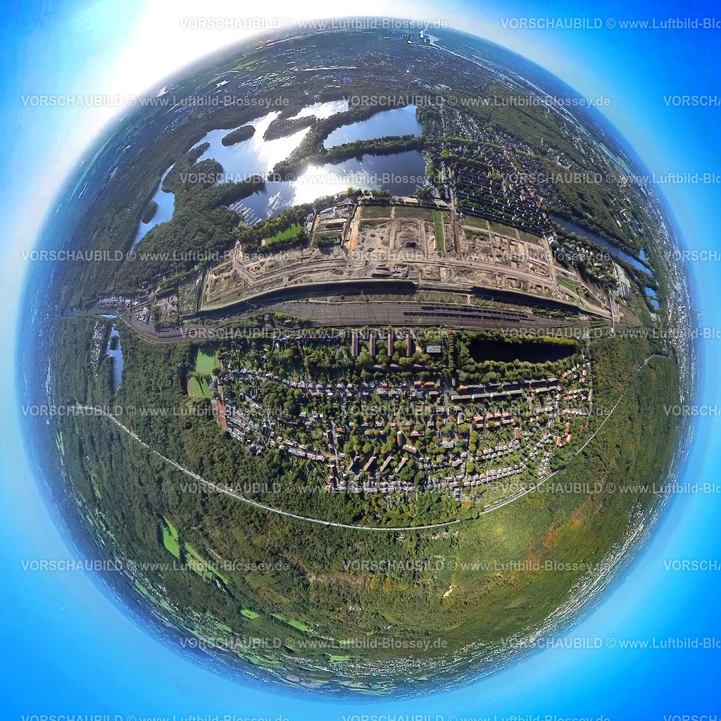 Duisburg221006_17_Wedaubaustelle_Sechs-Seen-Platte | Luftbild, Sechs-Seen-Platte, Baustelle für geplantes Duisburger Wohnquartier am ehemaligen Rangierbahnhof Wedau, Ortsteil Bissingheim, Fisheye Aufnahme, Fischaugen Aufnahme, 360 Grad Aufnahme, Wedau, Duisburg, Ruhrgebiet, Nordrhein-Westfalen, Deutschland