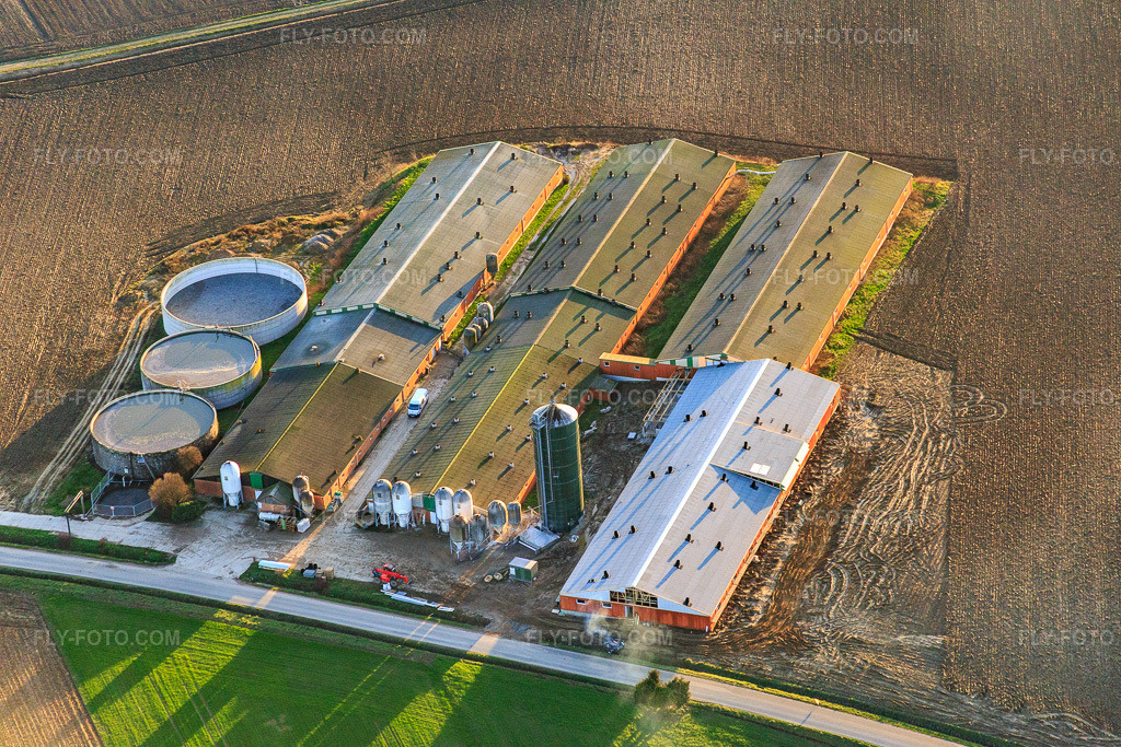 Aerial view: Halls for pig farming with biogas plant in Wintzenbach in the state Bas-Rhin, France. – Photo: IMG_086027.jpg taken on 02/06/2016 by Werner Riehm/FLY-FOTO.com – Resolution of the original: 5472 x 3648 px