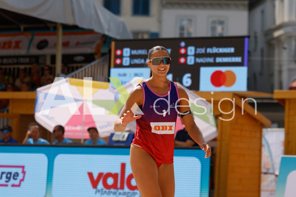 Obi BeachTour 2026 - Basel | BASEL, SWITZERLAND - JULY 19: ZOÉ FLÜCKIGER (SUI) during the Obi BeachTour 2026 match between BOSSART / ABBÜHL (SUI) and FLÜCKIGER / DEMIERRE (SUI) at Barfüsserplatz on July 19, 2026 in Basel, Switzerland. - Realisiert mit Pictrs.com