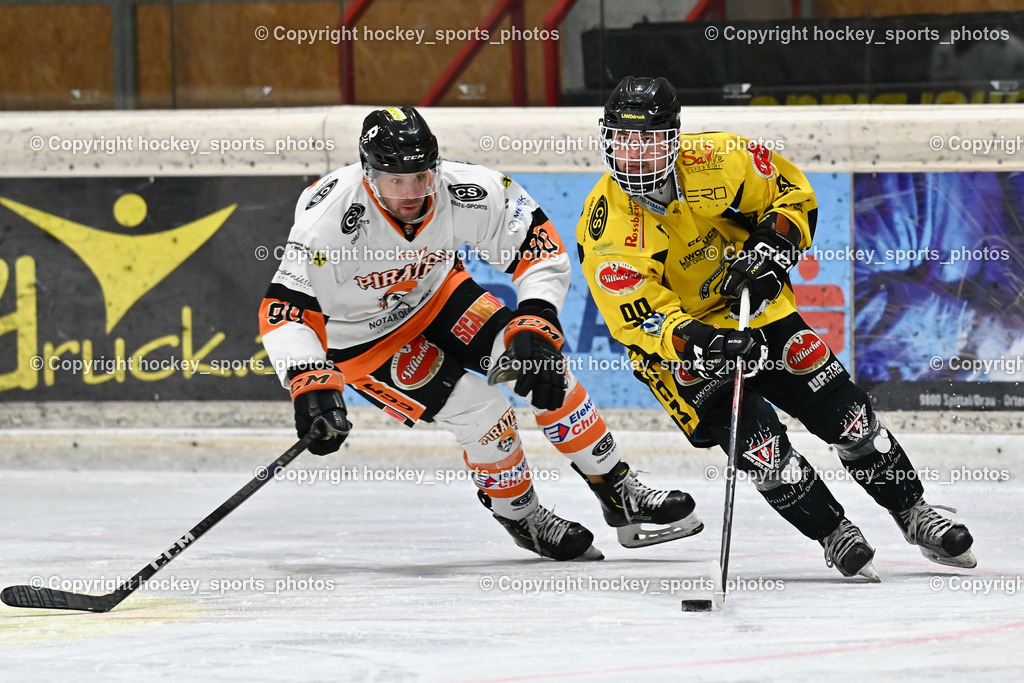 EC Hornets Spittal vs. USC Piraten Velden 18.2.2024 | #90 Edlinger Patrick USC Velden, #98 Thalhammer Dominic EC Hornets Spittal, EC Hornets Spittal vs. USC Piraten Velden 18.2.2024, EC Hornets Spittal vs. USC Piraten Velden 18.2.2024 am 18.02.2024 in Spittal an der Drau (Eissportzentrum Spittal), Austria, (Photo by Bernd Stefan)