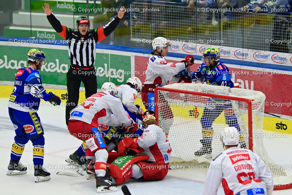 EC IDM Wärmepumpen VSV vs. EC KAC  | ZRNIC MILAN Referee, Faustkampf, #81 van Ee Finn EC KAC, #42 LANZINGER Benjamin EC VSV, #9 RAUCHENWALD Alexander EC VSV, #24 Strong Steven EC KAC, #32 Dahm Sebastian EC KAC, EC IDM Wärmepumpen VSV vs. EC KAC , EC IDM Wärmepumpen VSV vs. EC KAC  am 27.10.2024 in Villach (Stadthalle Villach), Austria, (Photo by Bernd Stefan)